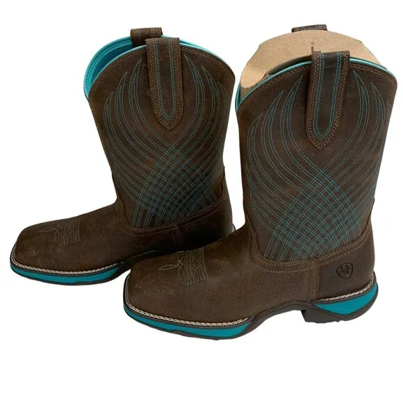 Ariat Womens Anthem Square Toe Western Boots Sz 6 B Java Brown Turquoise Leather - Picture 6 of 12